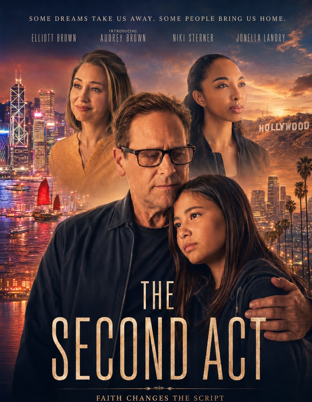 Development concept poster for The Second Act showing Los Angeles and Hong Kong imagery